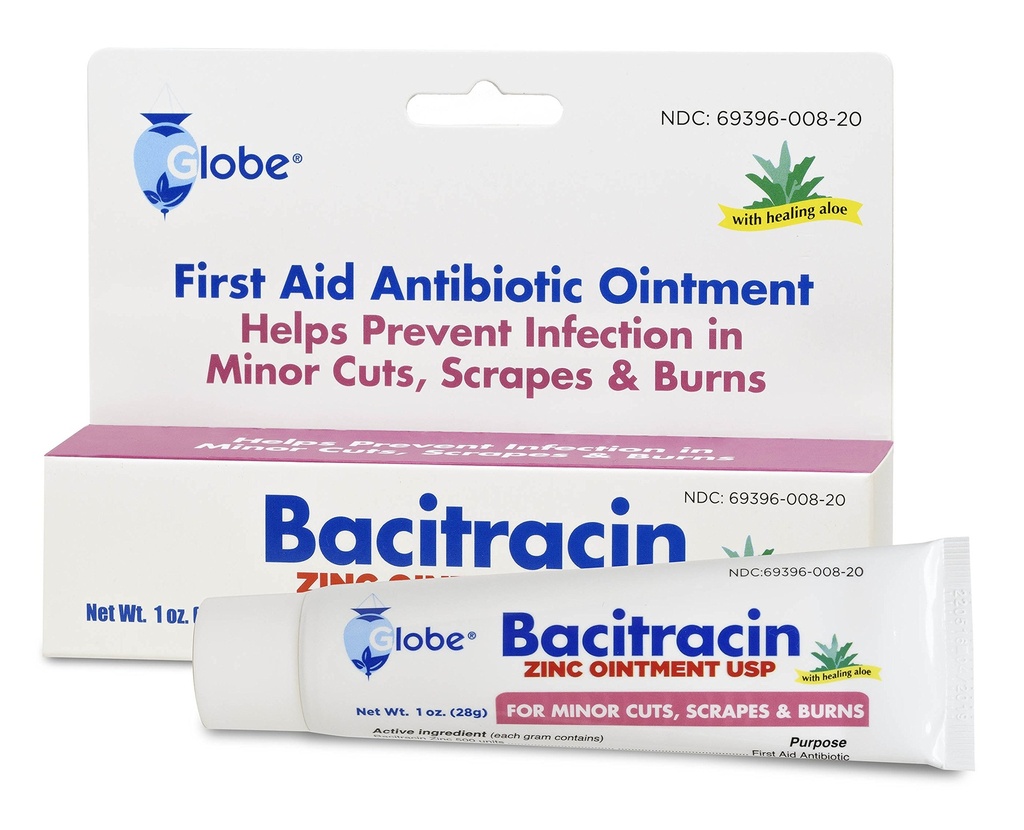 Globe Bacitracine Zinc 1 oz Tube, premiers soins Onguent antibiotique aide à prévenir l'infection dans les coupures, éraflures et brûlures mineures