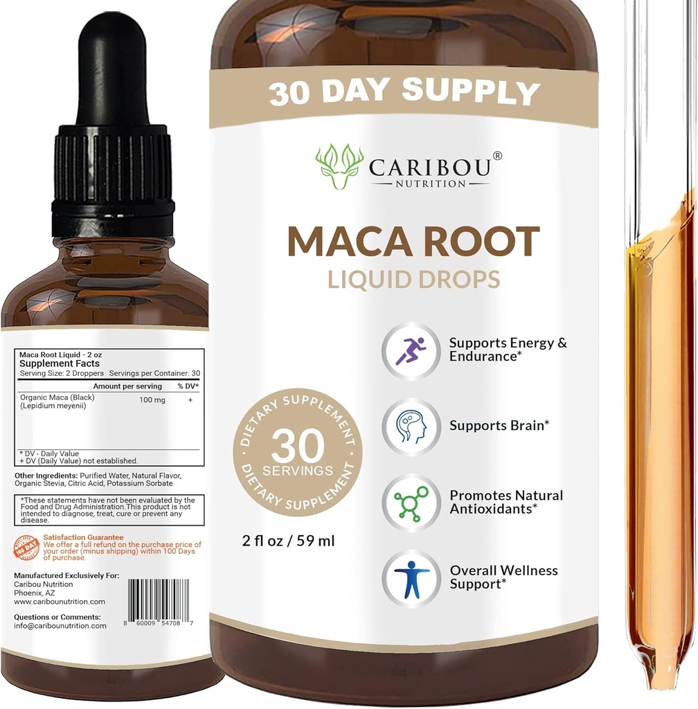Maca Root Liquid Drops | Premium Organic Maca Root Extract | Maca Supplement for Enhanced Mood & Vitality | Vegan, Non-GMO, Gluten & Alcohol Free | 2 Fl Oz