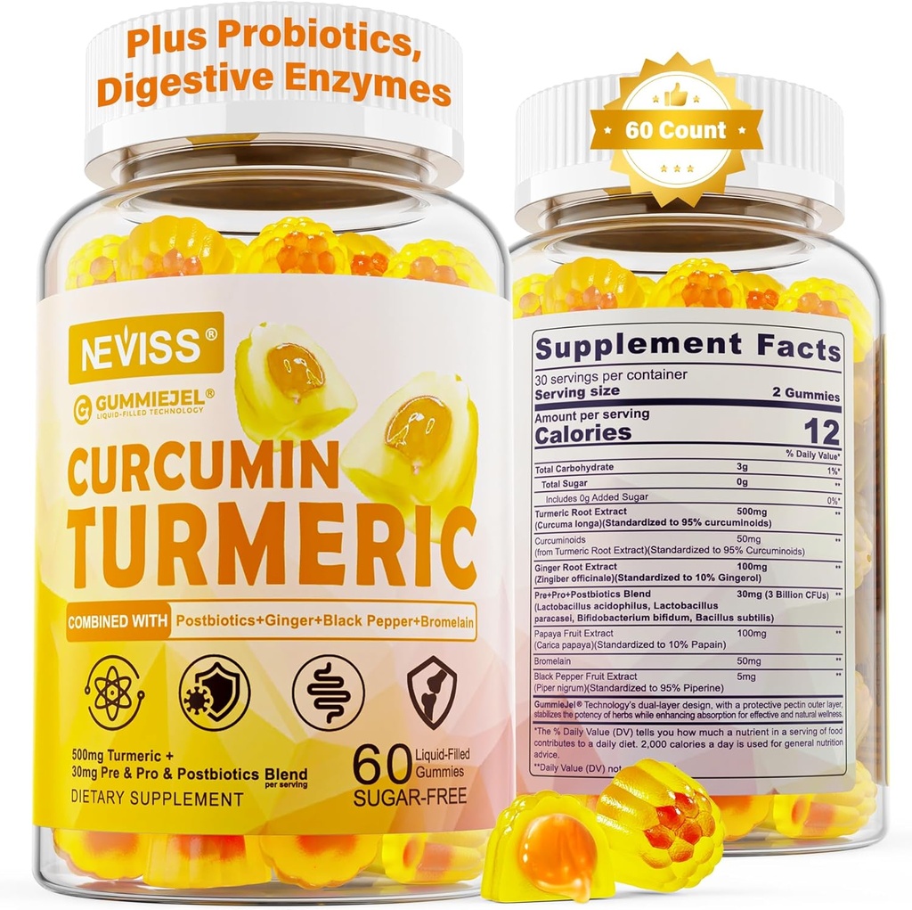 Sugar Free Turmeric Curcumin Filled Gummies 550mg for Adults, Ginger & Black Pepper | 95% Curcuminoids w/Prebiotic Probiotic & Postbiotic Blend, Support Immune & Digestive Health, Vegan, 60 Count