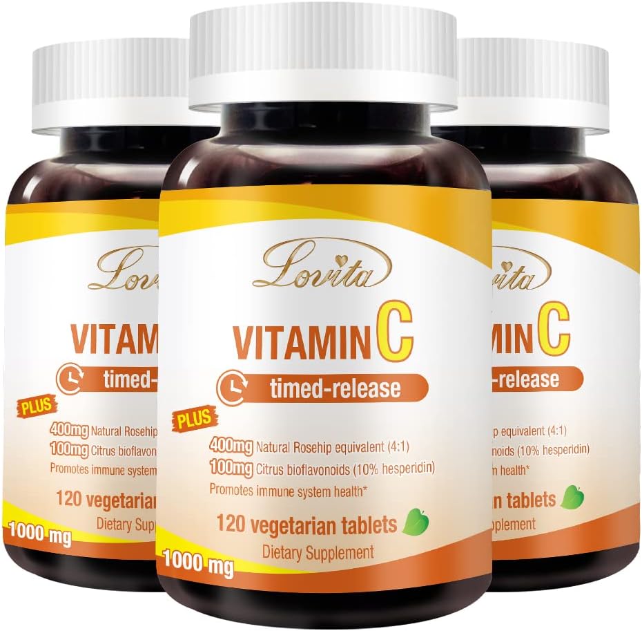 Lovita Vitamine C 1000mg avec des bioflavonoïdes et des HIPS roses, Revêtement de libération chronométrée, Haute puissance, Soutien Boost Fonction Immmune saine, 120 comprimés végétariens pour 4 mois d'approvisionnement (paquet de 3)