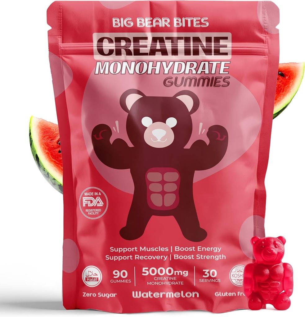 Gommies monohydratées de créatine pour les hommes et les femmes de 5000mg de Gommies de créatine par portion de sucre, sans gluten et halal de paquet de 90 pour préentraînement et récupération musculaire de pastèque