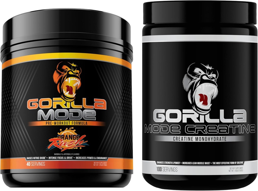 Gorilla Mind Pre Workout (Orange Rush) + Creatine (100 Serv.) - Stack complet pour améliorer la force, la puissance et la taille des muscles