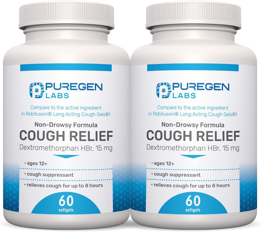 P Puregen Labs Cough Relief for Adults Dextromethorphan HBr 15mg (120 Softgels) 8 heures, non somnolente, longue durée Bronchial Suppressant.