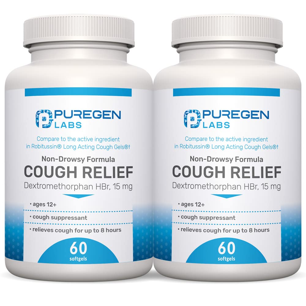 P Puregen Labs Cough Relief for Adults Dextromethorphan HBr 15mg (120 Softgels) 8 heures, non somnolente, longue durée Bronchial Suppressant.