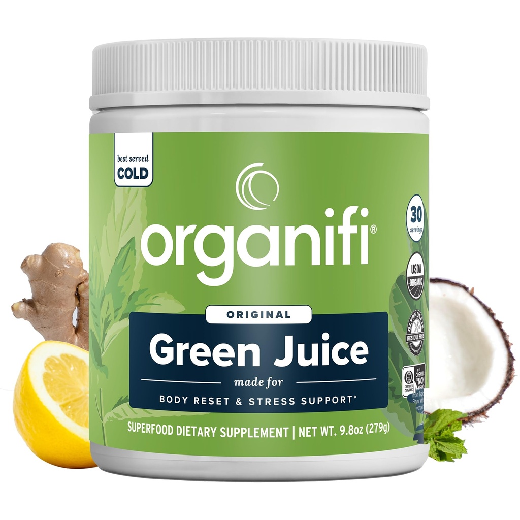 Jus vert orgaifi - Supplément en poudre avec Spiruline biologique, Ashwagandha et Chlorella - Aide à atteindre les objectifs de conditionnement physique et réduire les niveaux de cortisol, 30 jours d'approvisionnement