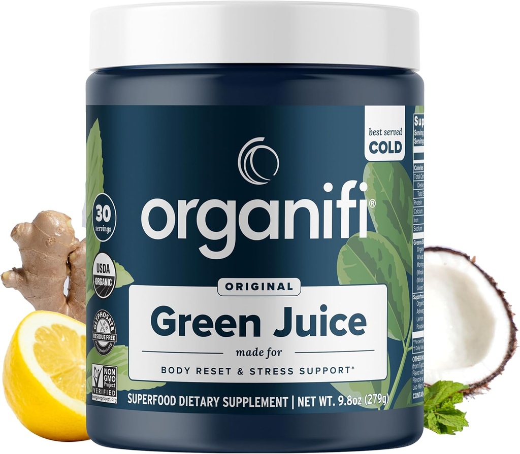 Jus vert orgaifi - Supplément en poudre avec Spiruline biologique, Ashwagandha et Chlorella - Aide à atteindre les objectifs de conditionnement physique et réduire les niveaux de cortisol, 30 jours d'approvisionnement