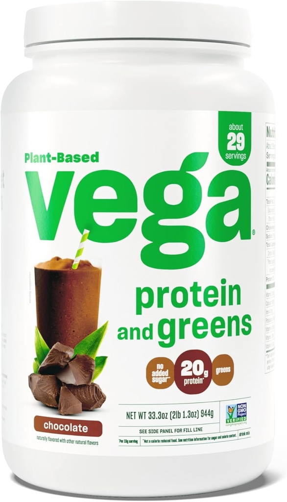 Vega Protéines et Verts Poudre de protéines, Chocolat - 20g Protéines végétales plus légumes, végétalien, non OGM, protéines de pois pour les femmes et les hommes, 2,1bs