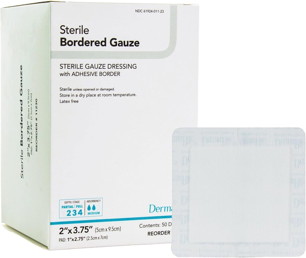 DermaRite's Stérile Borded Gauze Dressing with Adhesive Border - Matériau souple non linté, Premier-Aid, emballé individuellement - 2 po x 3-3/4 po, 1 Compte, 50 Packs, 50 Total