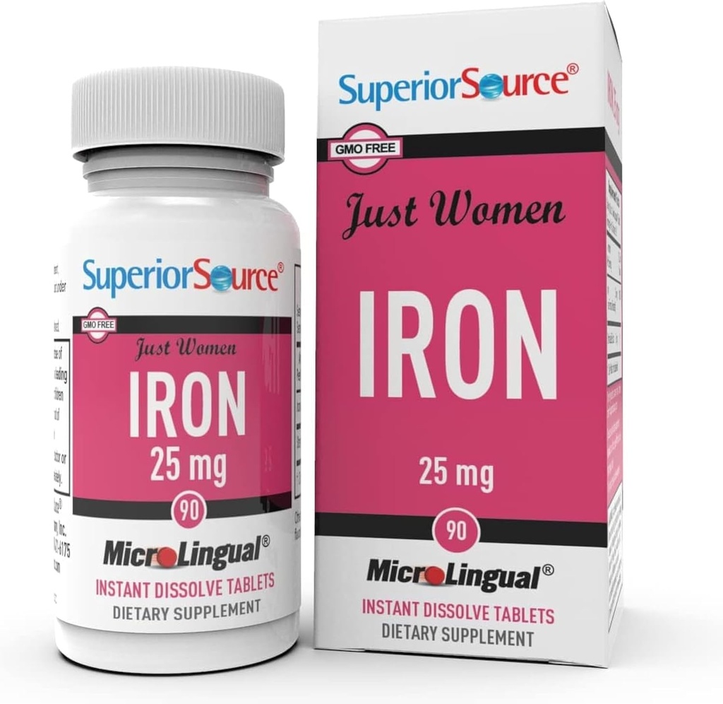 Superior Source Just Women Fer 25 mg - Supplément Fumarate Ferreux pour les femmes - Supplément Fer soutient la santé globale - Formule Aides contre le déséquilibre gastro-intestinal - 90 Comprimés Dissolvés Instantanés