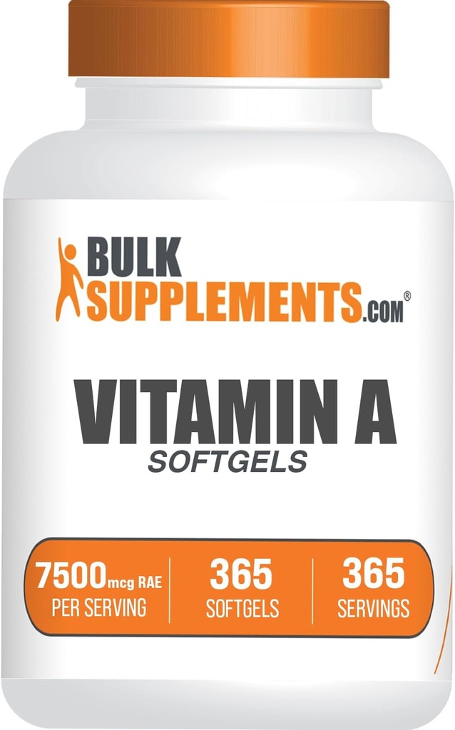 BulkSupplements.com Vitamine A 25000 UI Softgels - Supplément Vitamine A, en tant que Palmitate de Retinyl, pour le soutien oculaire et immunitaire - Sans gluten, 1 Softgel par portion, 365 Compte (paquet de 1)