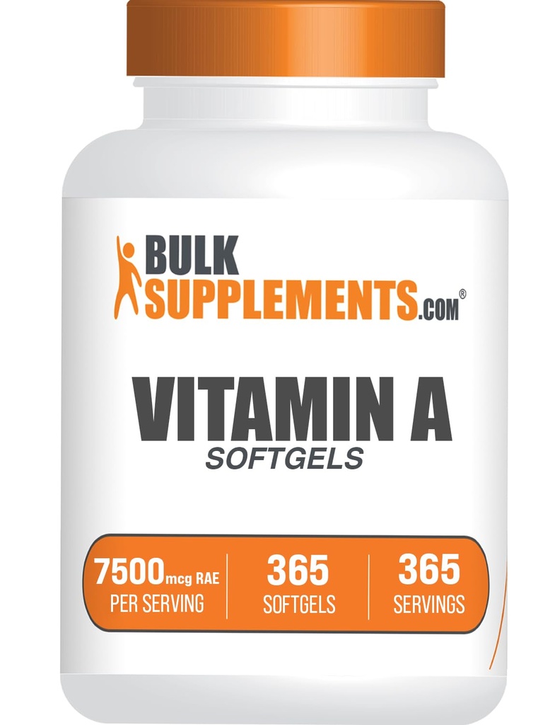 BulkSupplements.com Vitamine A 25000 UI Softgels - Supplément Vitamine A, en tant que Palmitate de Retinyl, pour le soutien oculaire et immunitaire - Sans gluten, 1 Softgel par portion, 365 Compte (paquet de 1)