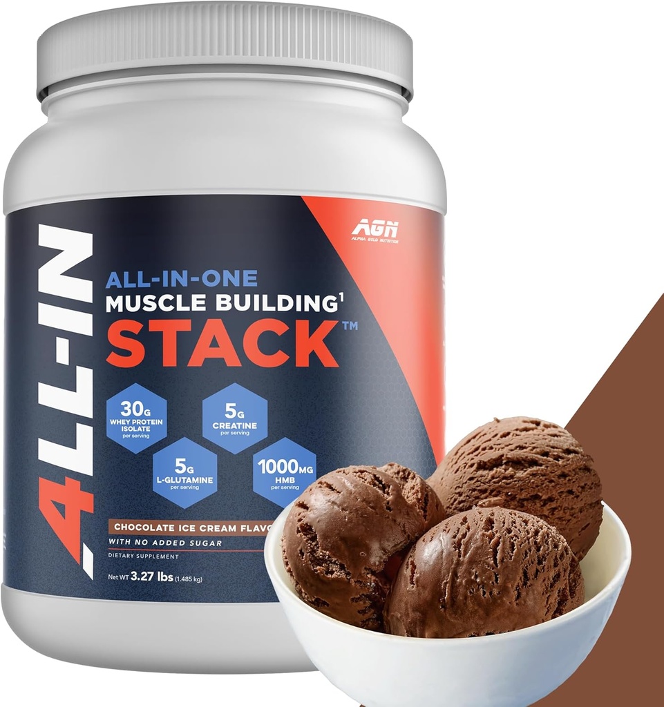 Stack de construction musculaire tout-en-un - Chocolate Whey Protein Isolate, Creatine Monohydrate, HMB et L-Glutamine, 4 Produits en un, Rien d'artificiel, 30 portions