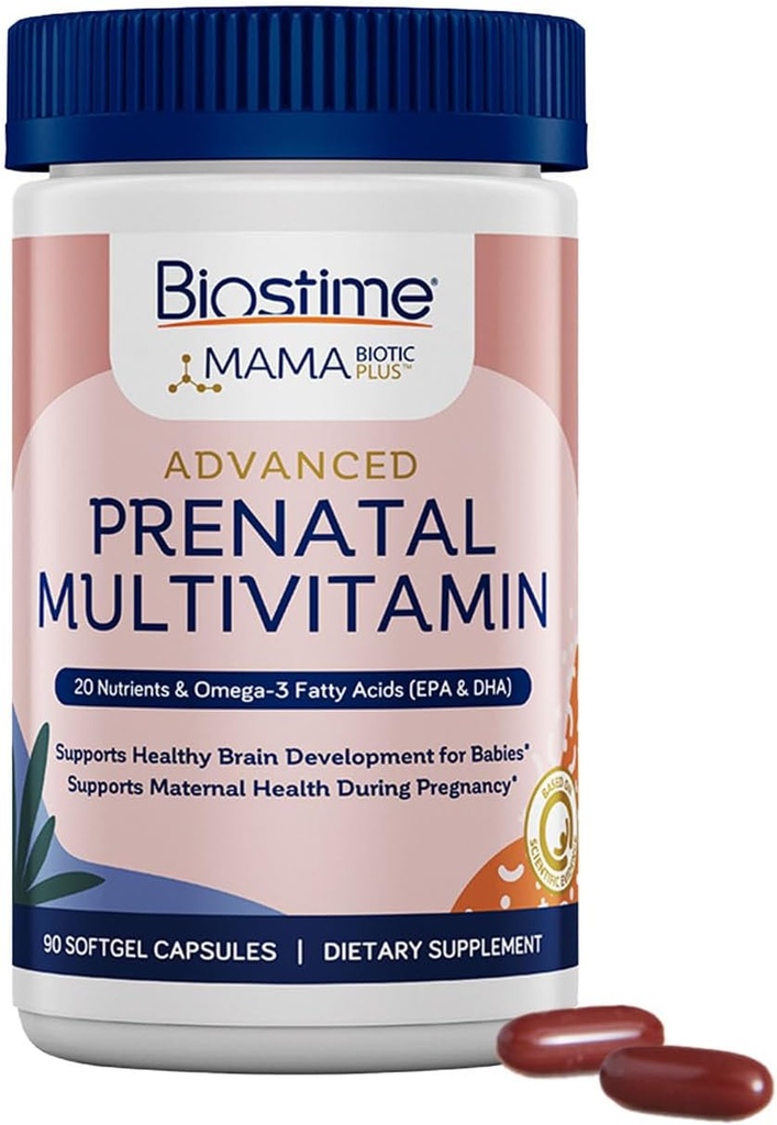 Biostime Vitamines prénatales avancées pour les femmes 20 nutriments, multivitamines, acide folique, fer, prébiotique et oméga 3 EPA & DHA Acides gras de grossesse Vitamines et supplément de soutien
