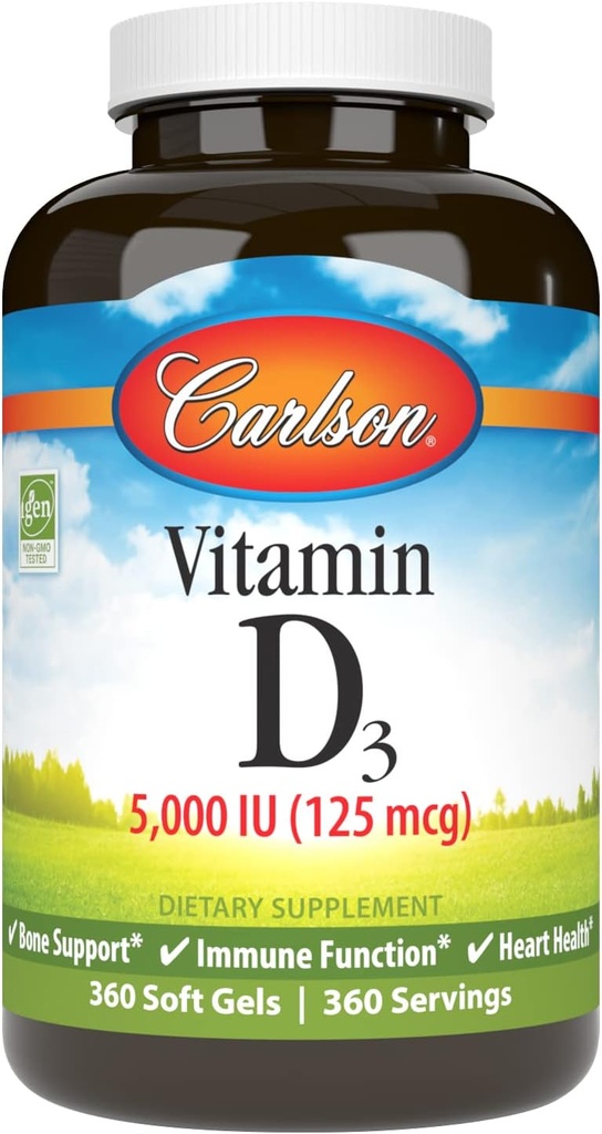 Carlson Vitamine D3 5 000 UI, Santé des os, 360 gels doux