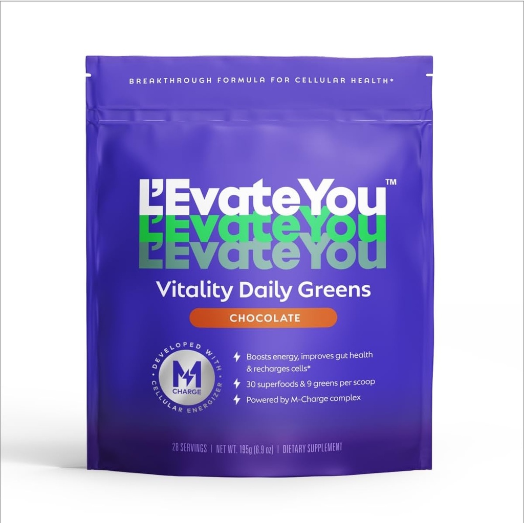 L'Evate You Vitality Daily Greens Powder (28 portions) 30 Superfoods, 9 Greens - pour un boost d'énergie cellulaire, alimenté par le complexe de charge M pour toute la journée (chocolat)