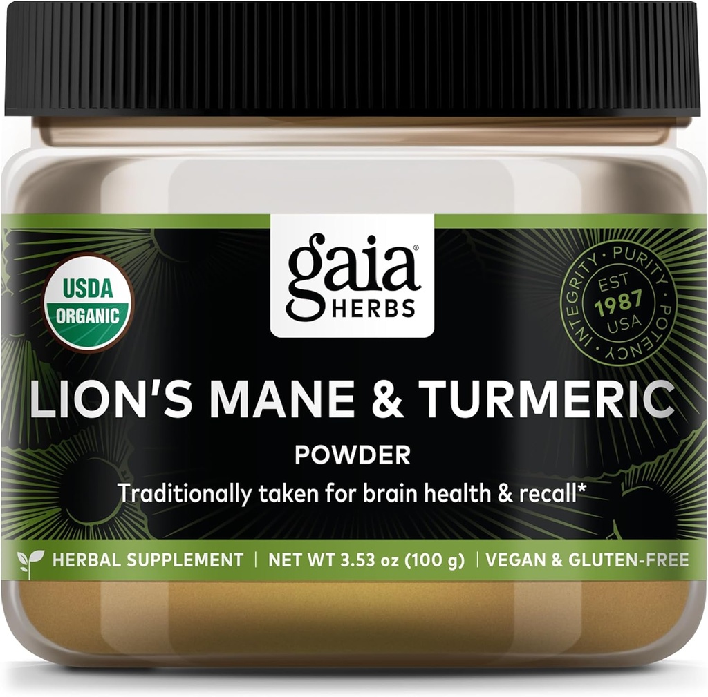 Gaia Herbs Lion's Mane & Turmeric Powder - Supplément de champignons à base de plantes Poudre pour aider à maintenir la santé cérébrale et le rappel - USDA certifié Organic-3.53 Oz (jusqu'à 45 jours d'approvisionnement)
