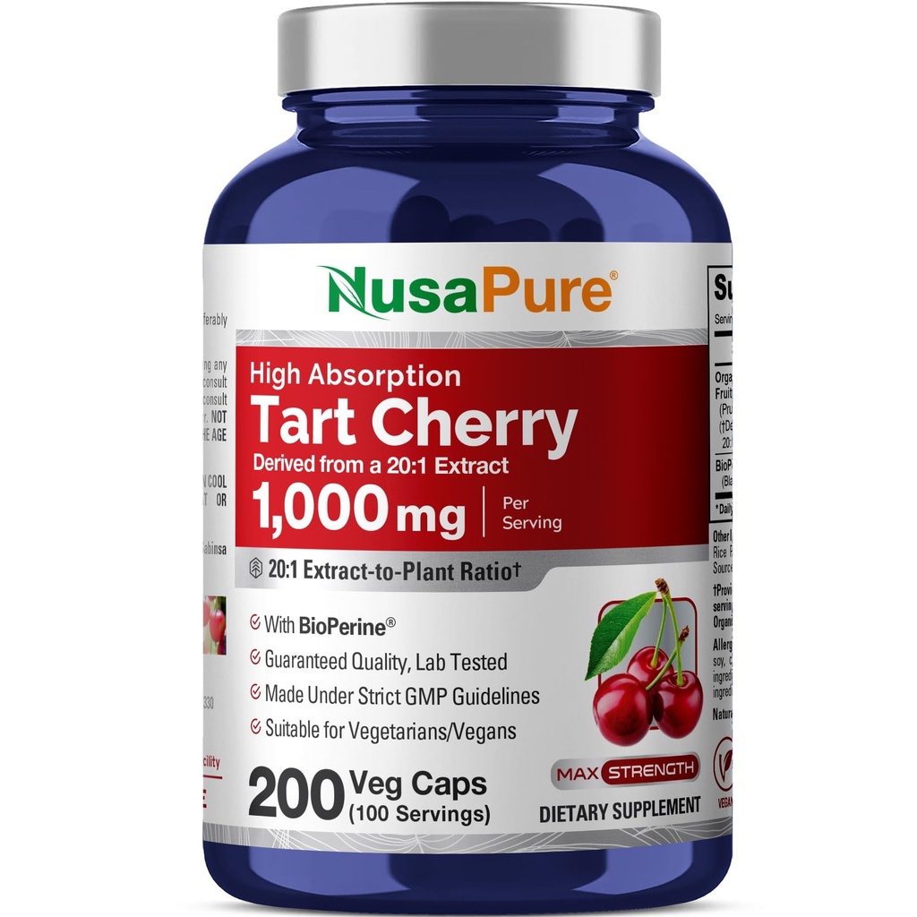 NusaPure Cerise de tart biologique 20:1 Extrait, 1000 mg équivalent à 20 000 mg 200 Caps végétatifs (Vegan, non-OGM) Biopérine
