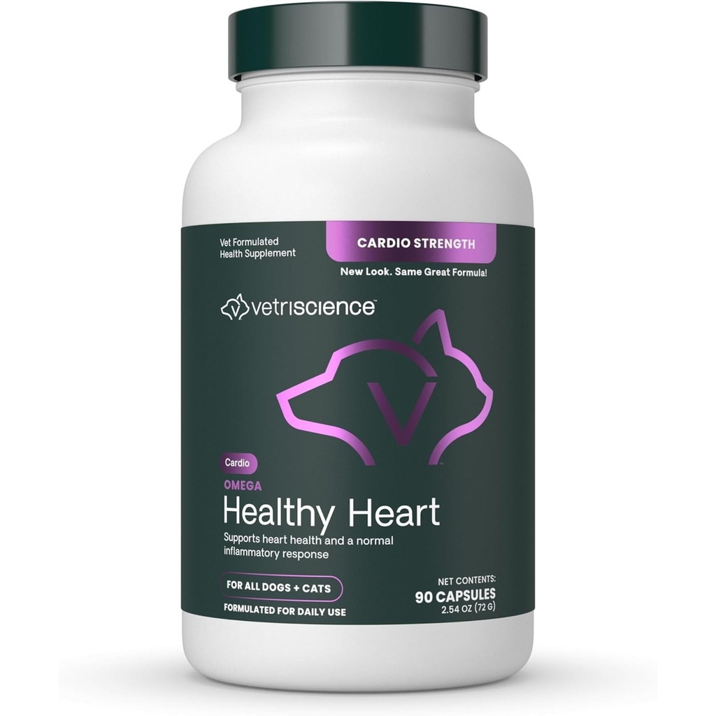VetriScience Omega Bonne santé du cœur Capsules faciles à ouvrir, Taurine Cardio Strength et supplément Omega-3 pour chiens et chats, Supplément de soutien cardiaque pour animaux de compagnie, 90 Comte