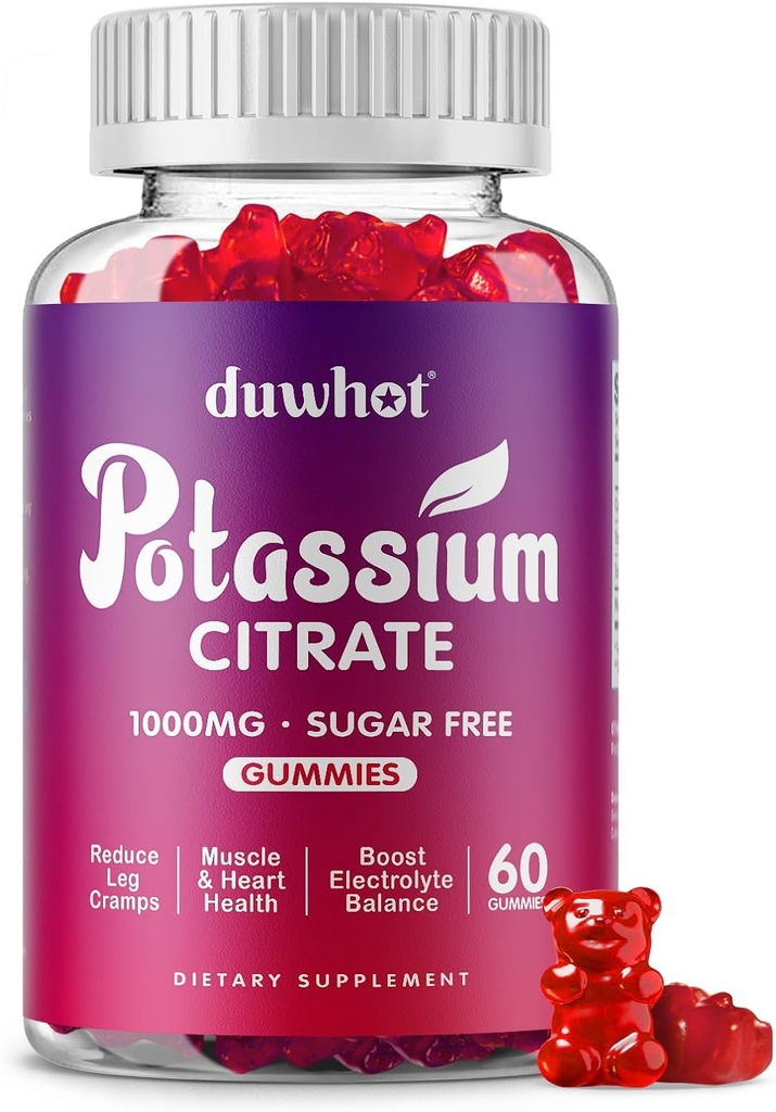 Citrate de potassium 1000mg Gummies, supplément de potassium pour adultes femmes et hommes, soutien des crampes et de la santé musculaire, 60 Chewables
