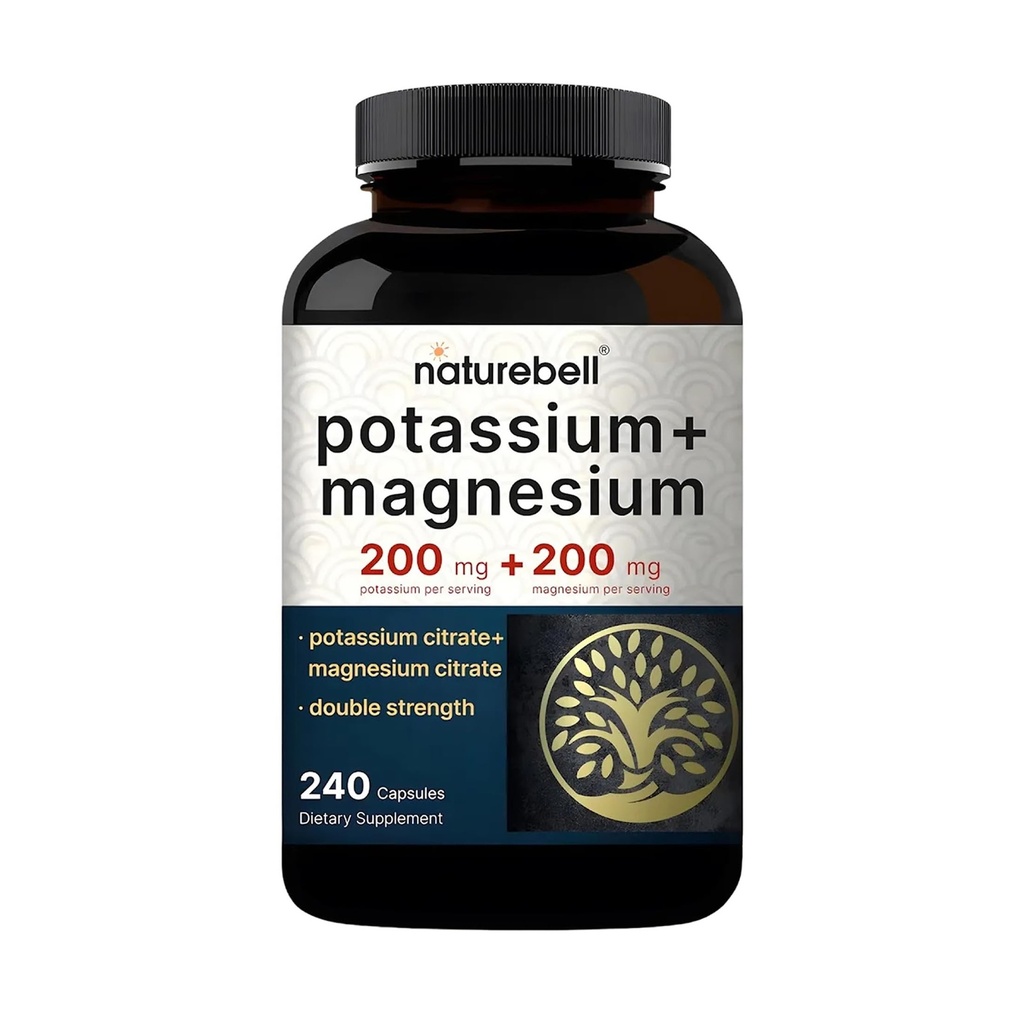 Naturebell Potassium Magnésium Électrolyte Capsules en poudre 200mg Potassium + 200mg Magnésium Citrate.
