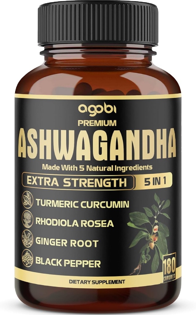 5en1 Capsules Premium Ashwagandha - Ajout de curcuma, Rhodiola Rosea, Ginger, Poivre Noir - 180 capsules pendant 6 mois