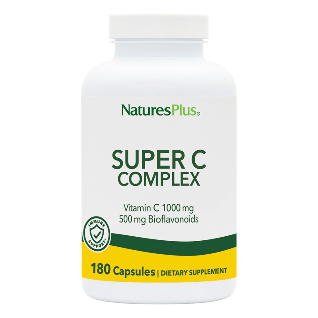 NaturesPlus Complexe Super C - 180 capsules - 1000mg Vitamine C + 500mg Bioflavonoïdes - Vegan, sans gluten - 90 portions