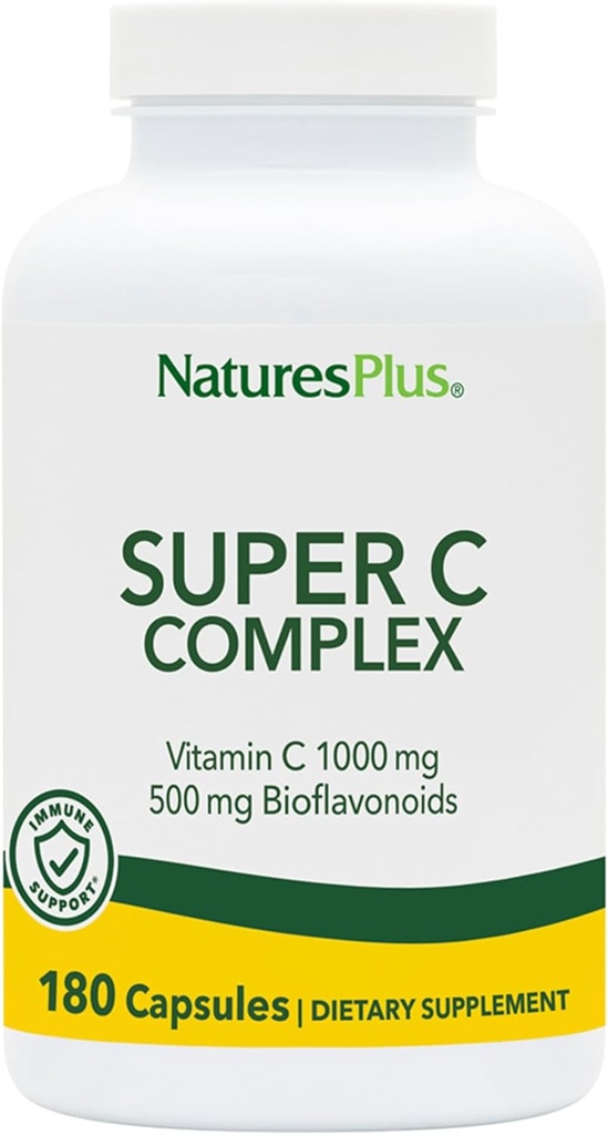 NaturesPlus Super C Complex - 180 Capsules - 1000mg Vitamin C + 500mg Bioflavonoids - Vegan, Gluten Free - 90 Servings