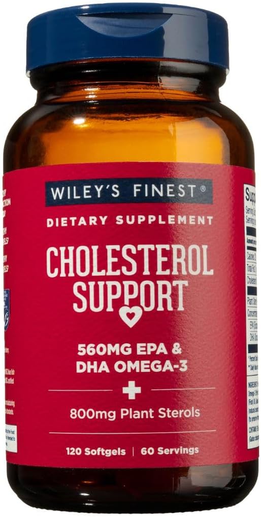 Wiley's Finest Wild Alaskan Fish Oil Cholestérol Support - Supplément santé cardiaque pour les hommes et les femmes - 560mg Oméga-3s - 120 Softgels (60 portions)