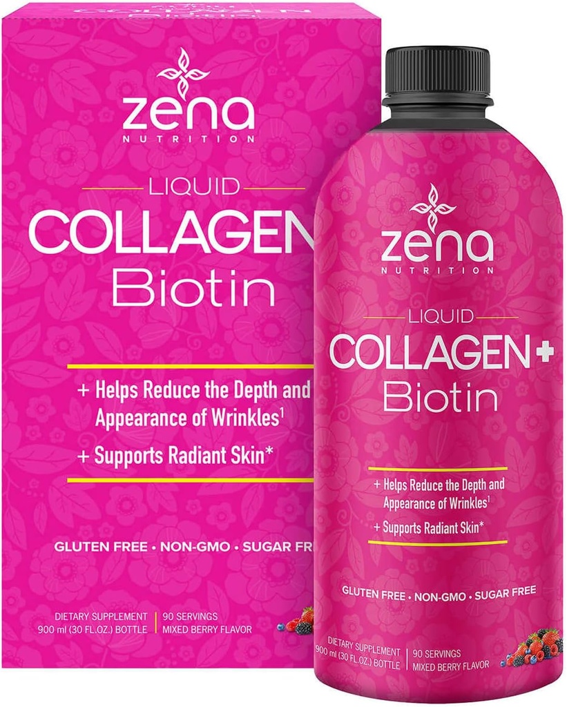 Zena Collagène liquide + Biotine: 2500mg Collagène, 5000mcg Biotine, Verisol Formule: Cheveux, peau, ongles et soutien articulaire