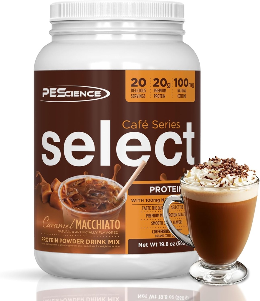 PEScience Select Café Protéine Café Poudre aromatisée, Caramel Macchiato, 100mg Caféine, 20g de poudre de café protéinée glacée ou crème, 20 portions