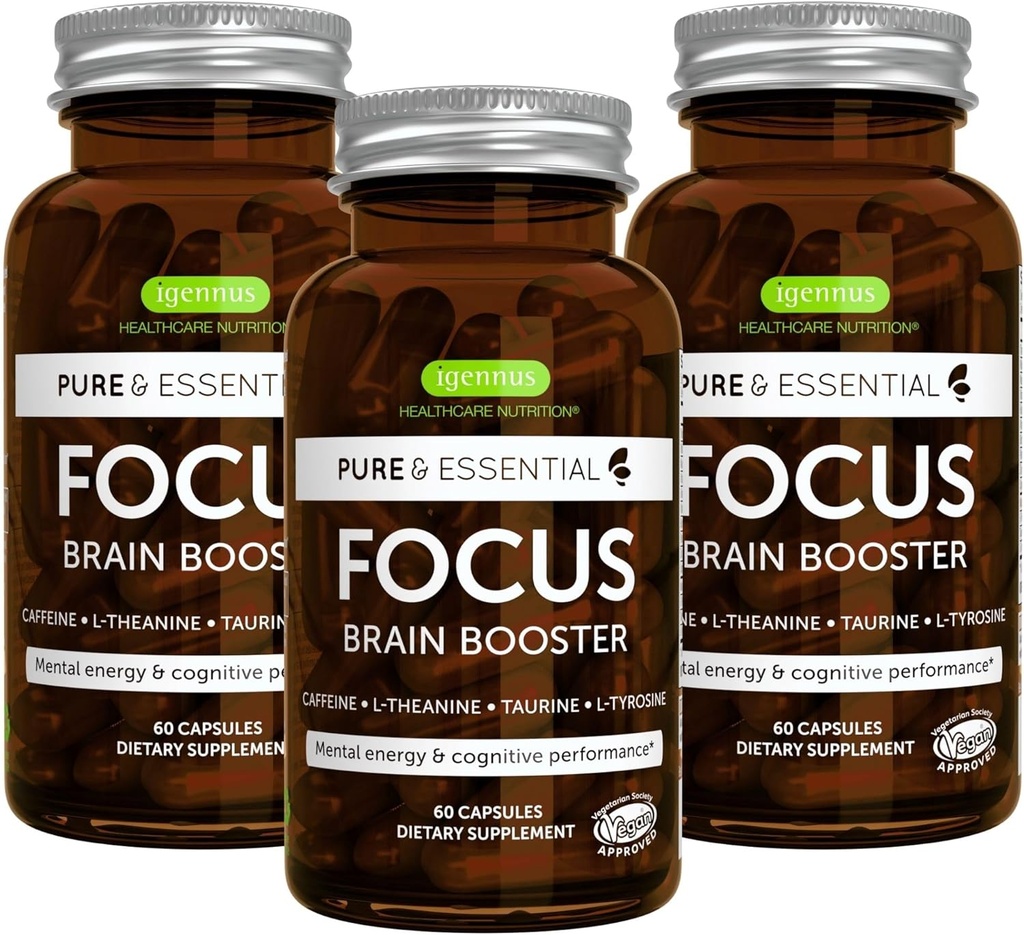 Igennus Focus - Nootropic avec 200mg de caféine naturelle, vitamines B méthylées, L-Theanine, Taurine, L-Tyrosine, énergie propre, booster cerveau et performance cognitive, non jittery, 180 capsules