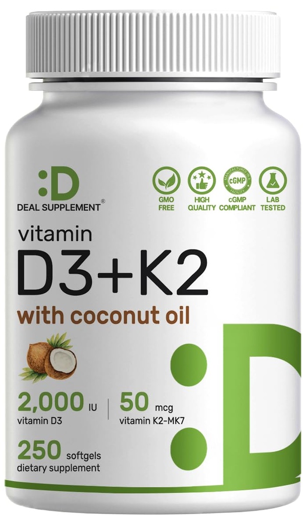 SUPPLÉMENT DE DÉAL Vitamine D3 2,000 UI + K2 MK7 50mcg Softgels.Complexe 2-en-1 avec huile de coco vierge.