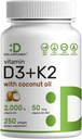 SUPPLÉMENT DE DÉAL Vitamine D3 2,000 UI + K2 MK7 50mcg Softgels.Complexe 2-en-1 avec huile de coco vierge.