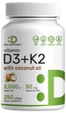 SUPPLÉMENT DE DÉAL Vitamine D3 2,000 UI + K2 MK7 50mcg Softgels.Complexe 2-en-1 avec huile de coco vierge.