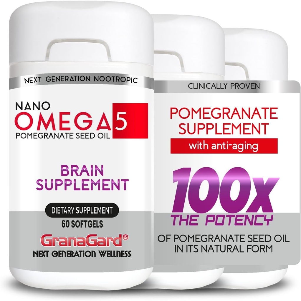CLINIQUEMENT prouvé (3 mois d'approvisionnement) Suppléments Cerveau avec Anti Vieillissement, Pills Mémoire, Omega 5 Supplément grenade, 3 bouteilles 60ct Chaque
