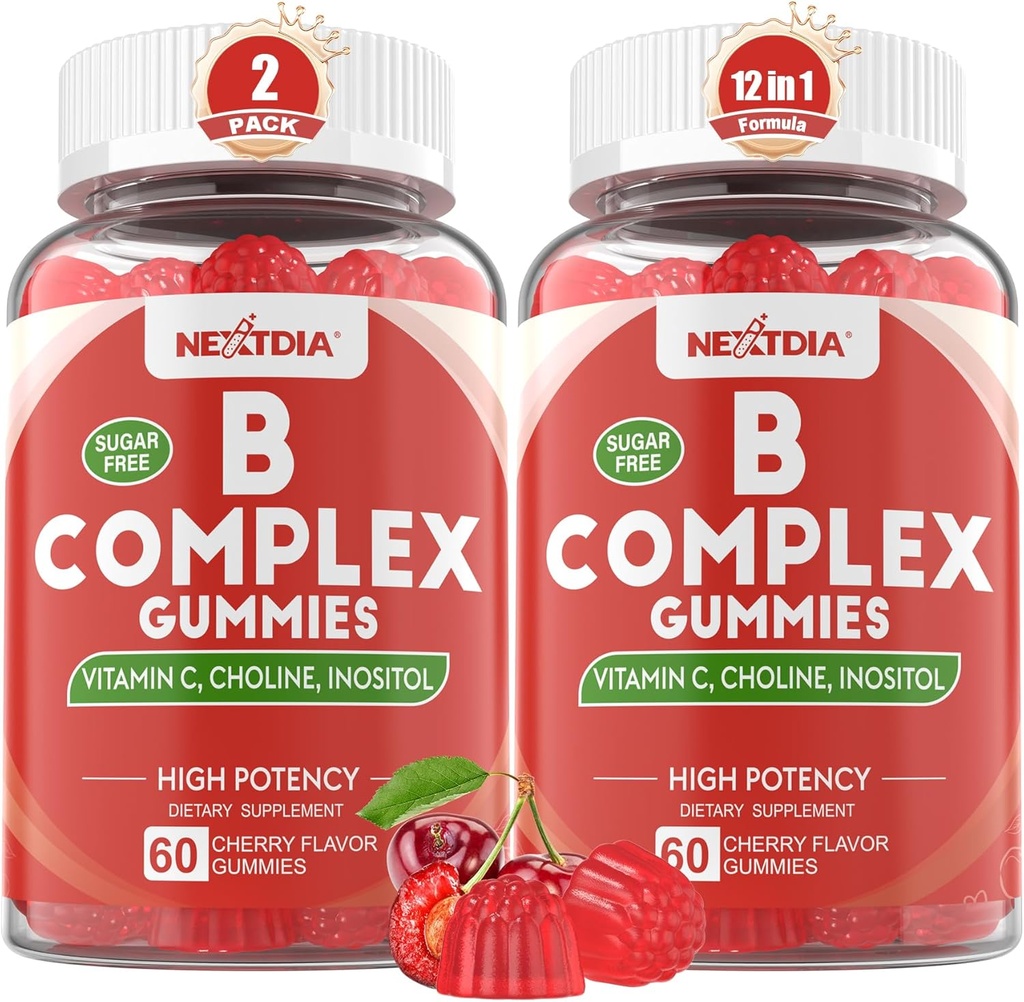 Gommies complexes de vitamine B, Gommies véganes de vitamine B avec 2000 mcg de méthyle B12, Folate de méthyle Plus Choline + Inositol, Vitamine C + Zinc pour soutenir l'énergie, l'humeur, Immune, cheveux sains, peau - 120 Cts
