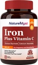 Supplément en fer doux pour les femmes hommes, 27mg Bisglycinate de fer Plus 120mg Vitamine C, Stomach Friendly, Absorption optimale et pilules de fer non constipantes, sans gluten, sans OGM, 60 bouchons végétaliens