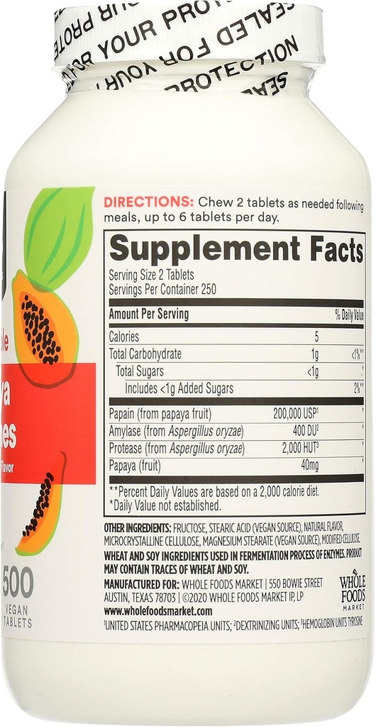 365 par Marché des aliments entiers, Papaya Enzymes, 500 Chews (paquet de 2)