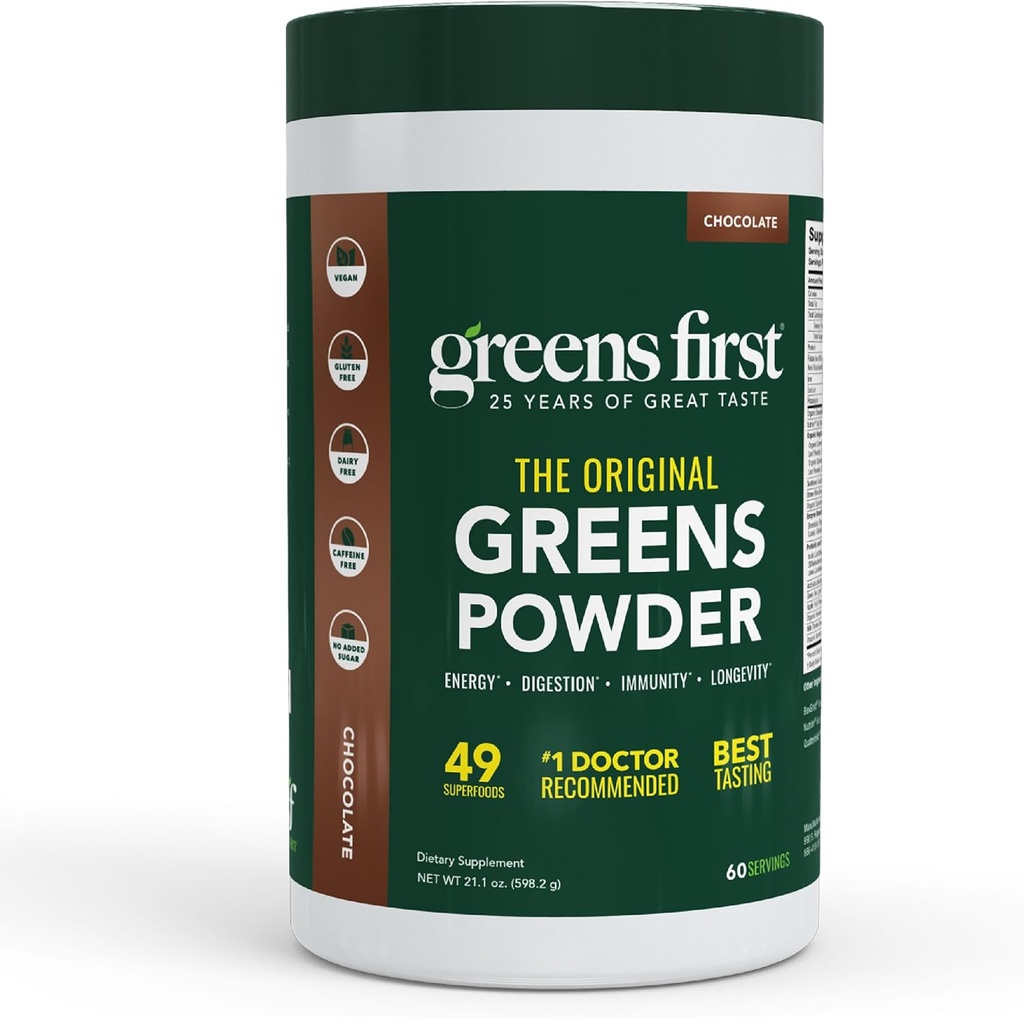 Greens First Original Greens Powder - 49 Superfoods - Fruits et légumes biologiques - Prébiotiques, probiotiques, enzymes digestives - Smoothie antioxydant - Sans produits laitiers, végétalien, non OGM (chocolat, 60 portions)