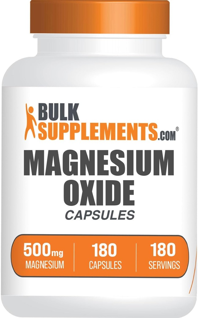 BulkSupplements.com Magnesium Oxide Capsules - Magnesium Supplement, Magnesium Oxide 500mg - Gluten Free, 1 Capsule per Serving, 180 Count (Pack of 1)