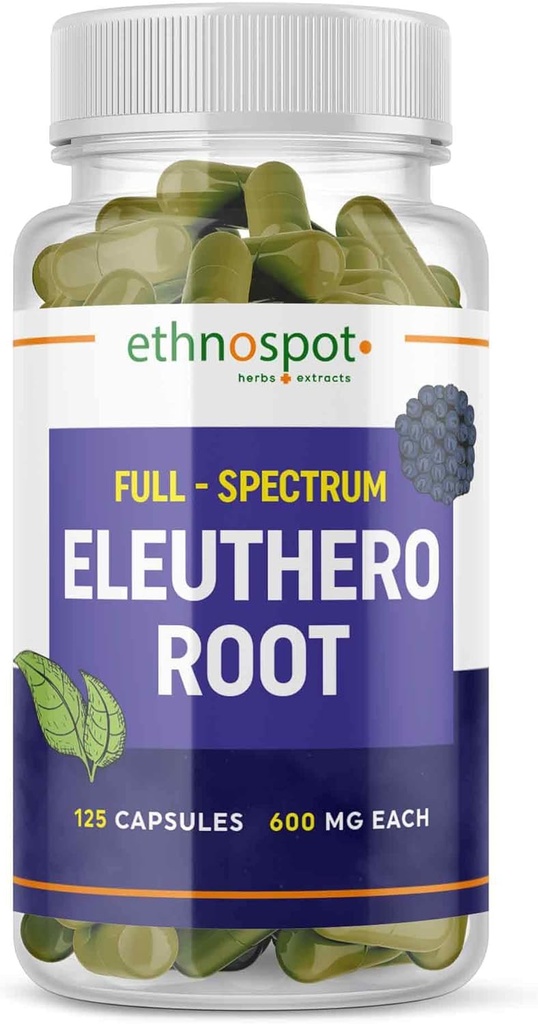 Capsules Eleuthero Racine Plein spectre - Ginseng Sibérien - Améliore l'endurance physique et l'alerte mentale - Supporte le système immunitaire - Profil Eleutheroside amélioré - Toutes naturelles - 125 Capsules Vegan