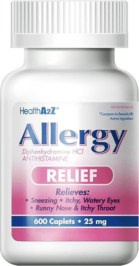 HealthA2Z® Allergy Relief - Diphénhydramine HCL 25mg - Antihistaminique Relief from Itchy Throat, Sternezing, Runny Noses - Intérieur et Extérieur Allergies (600 Caplets (paquet de 1))