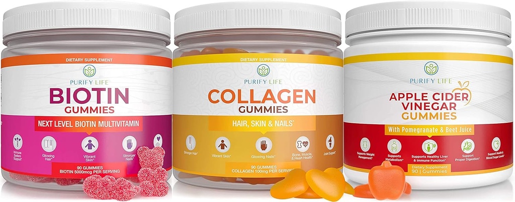 Purifier la vie vinaigre de cidre de pomme, collagène et mélange de biotine, Gut santé et digestion, Gummies pour la croissance des cheveux, peau et ongles plus sains, végétalien, sans gluten, sans OGM tous suppléments naturels