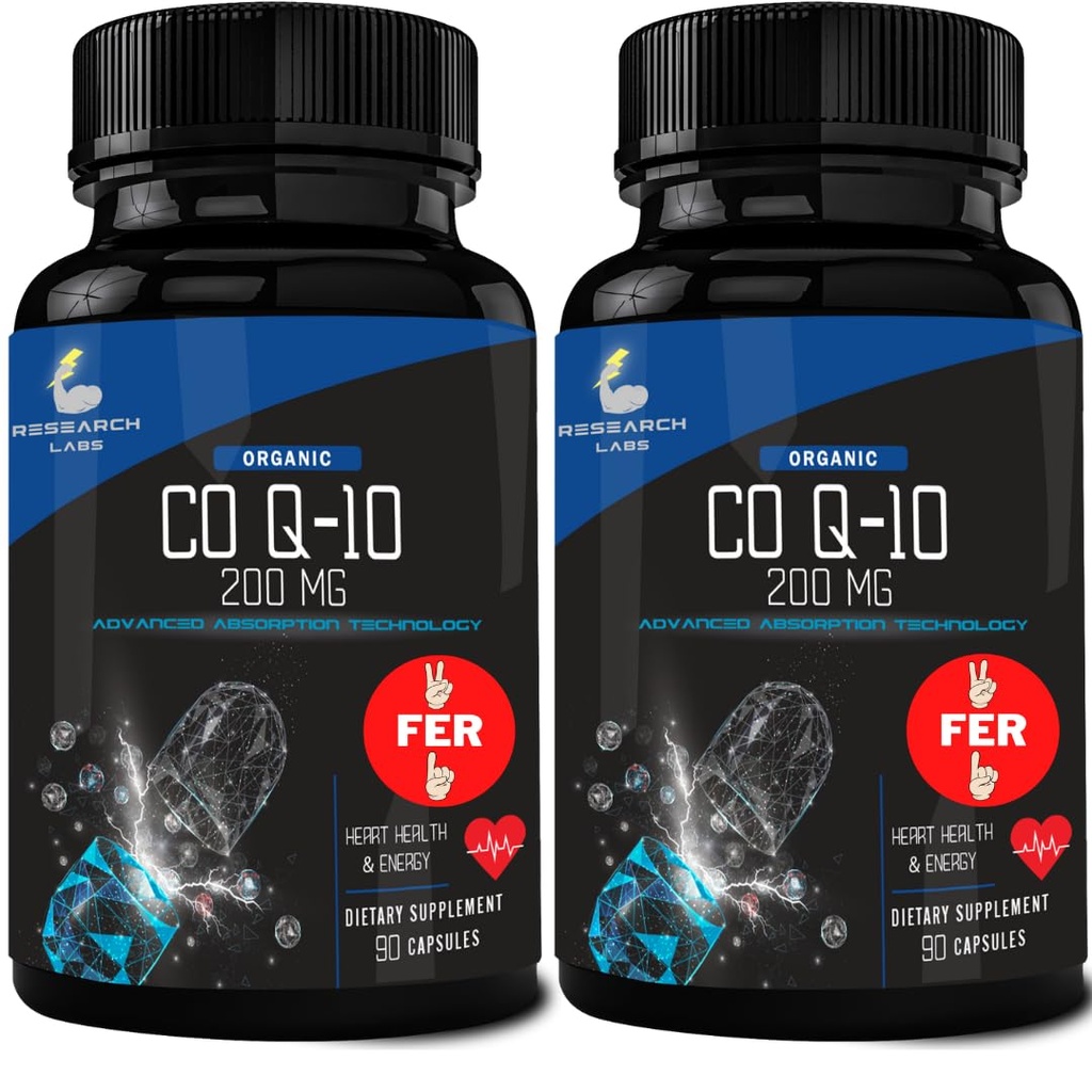 Laboratoires de recherche 180 Softgels Absorption avancée 200mg CoQ10 avec extrait de poivre noir. 2 pour 1 annonce. Organique, sans gluten, soutien de santé cardiaque, production d'énergie, supplément antioxydant