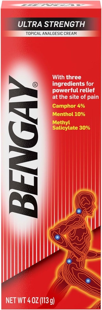 Crème de soulagement de la douleur topique Bengay Ultra Strength, analgésique thématique non grasse pour l'arthrite mineure, les muscles, les douleurs articulaires et dorsales, le camphre, le menthol et le salicylate de méthyle, 4 OZ
