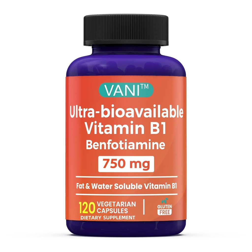 VANI Vitamine B1 avec 750mg Benfotiamine, 2 en 1 Formule améliorée -Fat & Water Soluble Thiamine B1 Supplément.