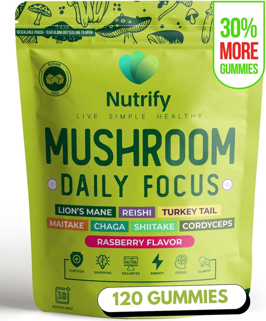 Nutrify 120 Mushroom Gummies Immune Support & Brain Performance Resilience & Memory Boost with Reishi, Cordyceps, Turkey Tail, Maitake, Shiitake & Chaga Delicious Raspberry Flavor Vegan & Sugar Free