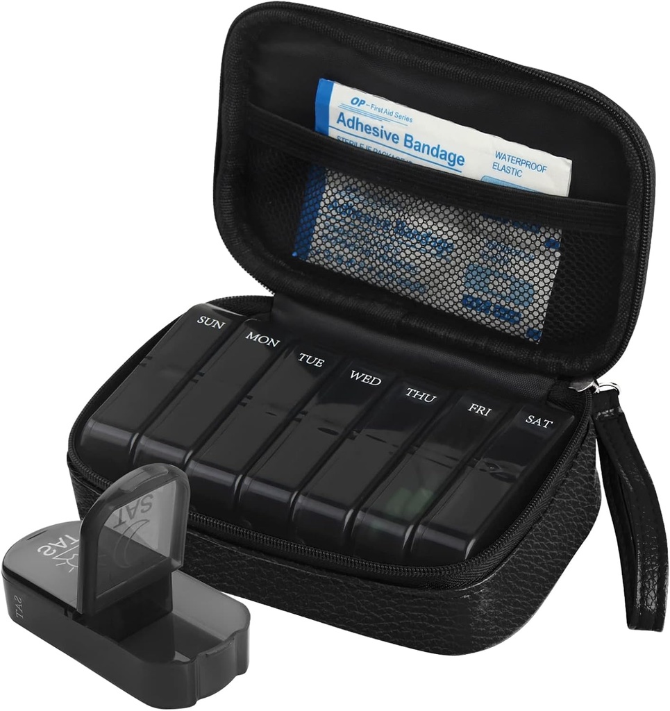 Housse d'organisateur de sacs en cuir PU hebdomadaire 2 fois par jour, AM PM Pill Box quotidien pour tenir la vitamine, l'huile de poisson, les suppléments et la médecine (noir)