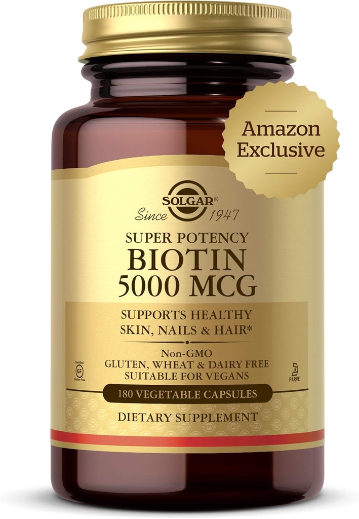 Solgar Biotin 5000 mcg - Soutient une peau, des ongles et des cheveux sains - Soutient la production d'énergie et le métabolisme - Vitamine B - Non-OGM, végétalien, sans gluten - 180 Compte