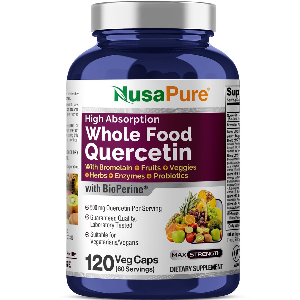 NusaPure Quercetin avec Bromelain 500mg.120 Caps de légumes 43 Fruits Veggie Grain Herbes Enzyme Probiotique Blend.